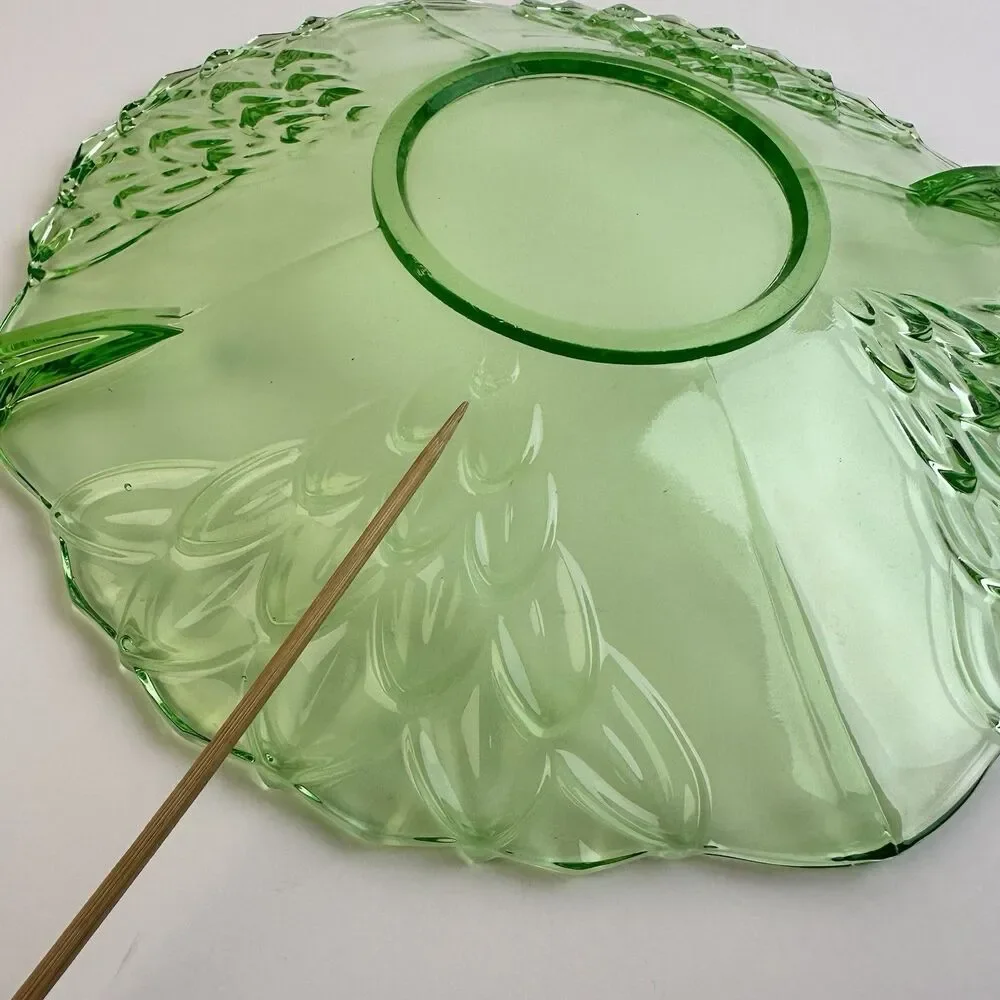 STÖLZLE Hermanova Czech Green Uranium Glass Handled Tray Art Deco Plate GLOWS